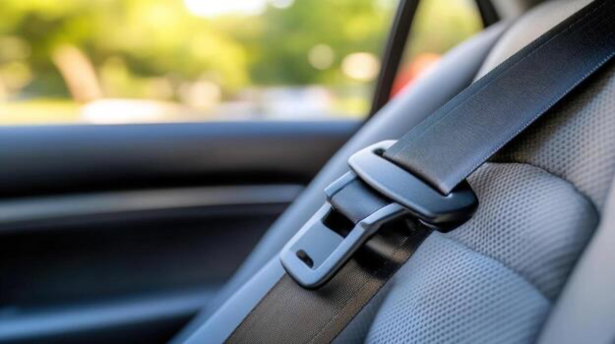 Close daylight view of a black seatbelt latch plate and webbing beside a vehicle door pillar, with greenery visible through the window.
